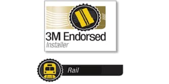 3M Endorsed Installer – Rail logo, with black and yellow certification graphic and rail car graphic.
