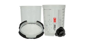 Image of all sizes of vented and linered 3M spray cups
