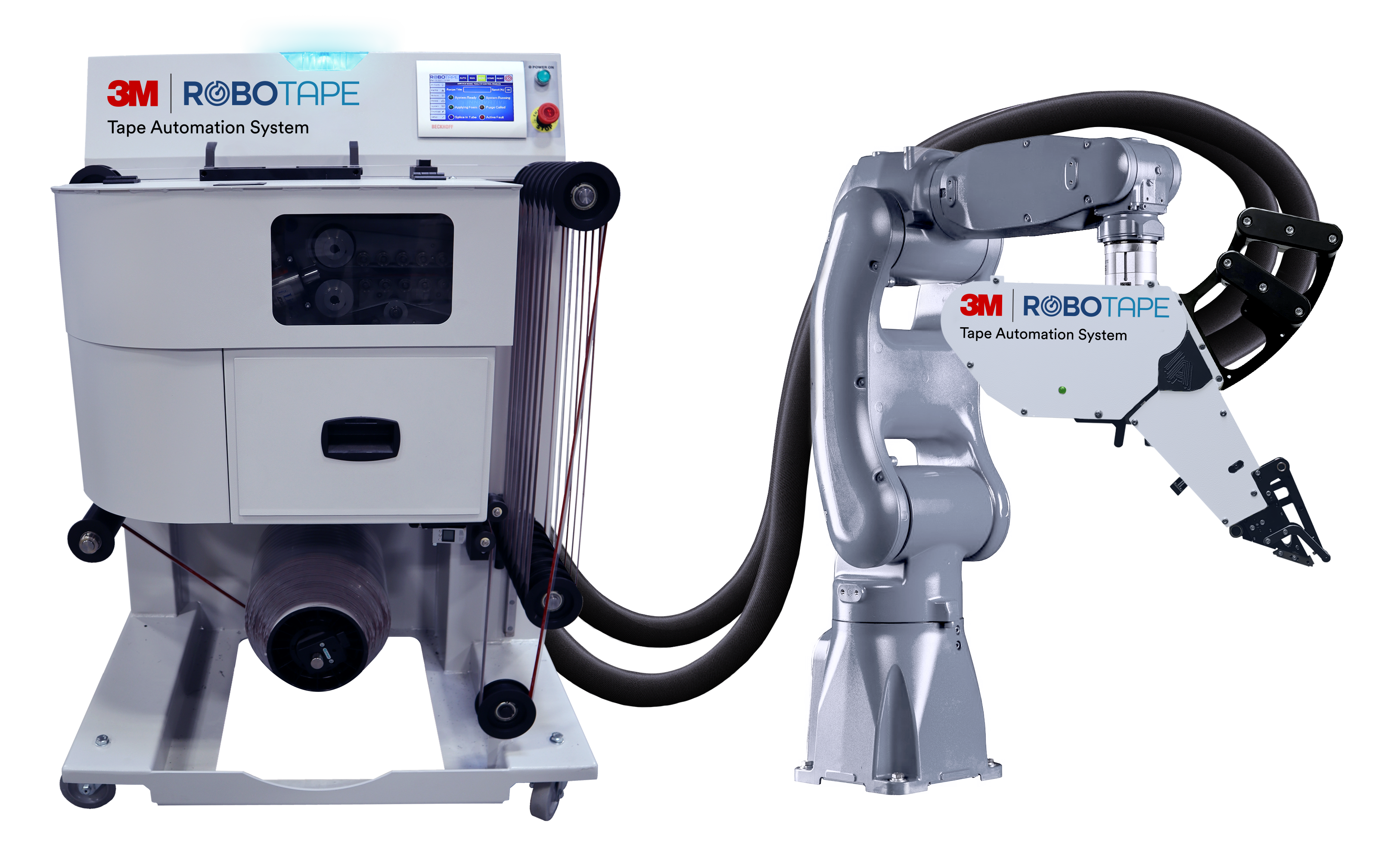 Image of the RoboTape payout, feed system and applicator head; head is connected to a gray robot arm