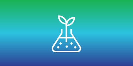 Icon of a flask with a leaf, representing material and product innovation for sustainability.
