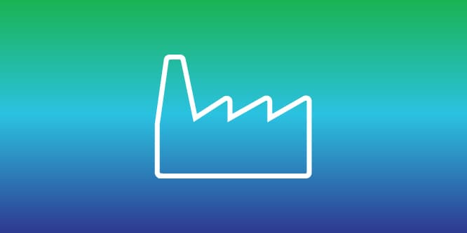 Icon of a factory, highlighting changes in manufacturing processes to minimise environmental impact.
