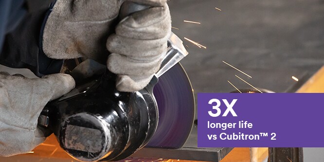 text reads 3X longer life vs Cubitron™ 2 with background image of cutting wheel
