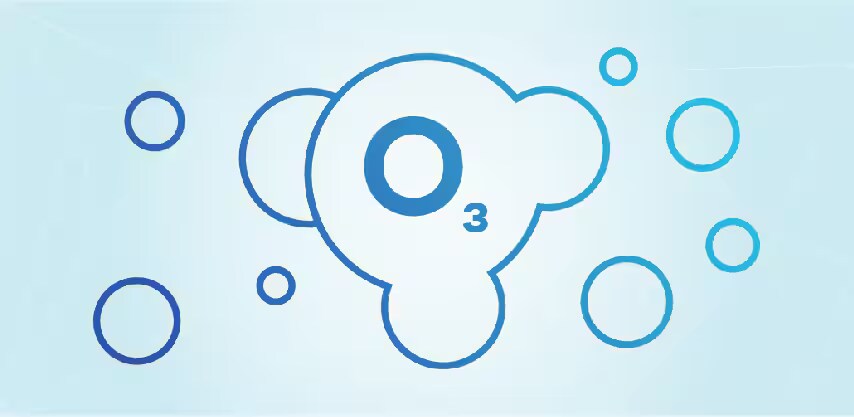 Image of an ozone molecule in blue, on a light blue background
