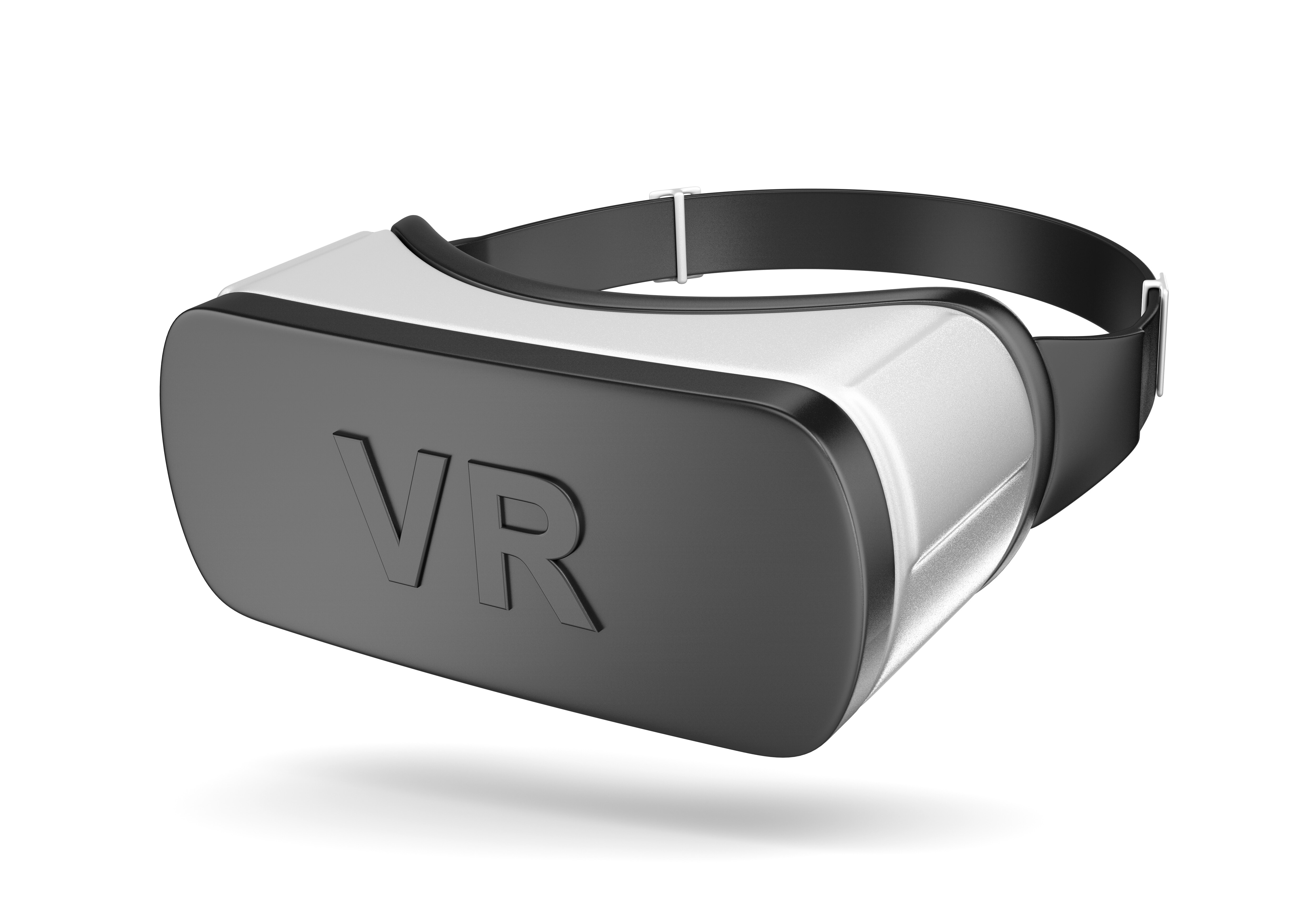 Image of a virtual reality headset with the letters VR on the front and hotspots pointing to 3M solutions
