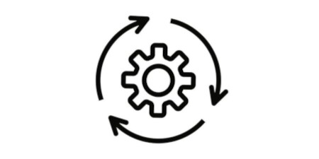 Gear wheel icon with arrows representing streamlined manufacturing
