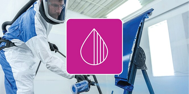 Paint technician spraying vehicle part with illustrative icon of paint drop over image
