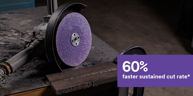 text reads 60% faster sustained cut rate with background image of fibre disc
