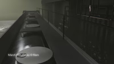 A dark image showing a row of large cylindrical containers or tanks along a walkway with metal railings.
