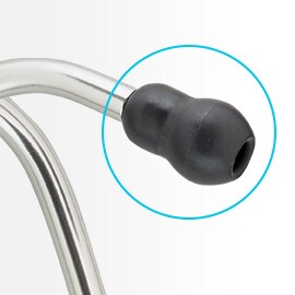 Close up of a black, soft-sealing eartip on an eartube of a 3M Littmann Stethoscope.