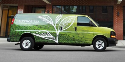 tea company fleet vehicle wrapped in a printable graphic film, custom designed to best portray their brand
