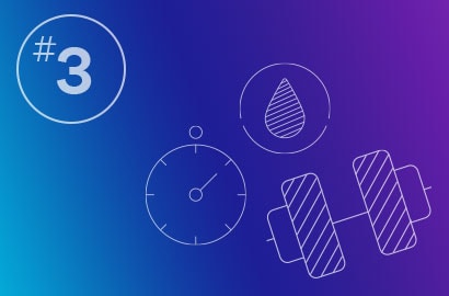 Line drawing of stopwatch, droplet and hand weight icons over a gradient background