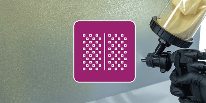 Paint technician spray a textured panel with 3M Performance Spray Gun 2 with illustrative icon of texture
