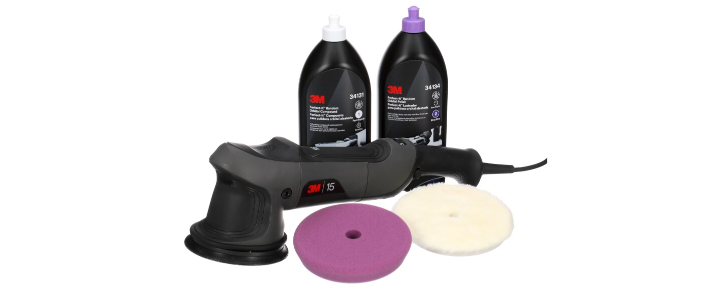 The complete 3M™ Perfect-It™ Random Orbital Polishing System tool, pads and liquids.
