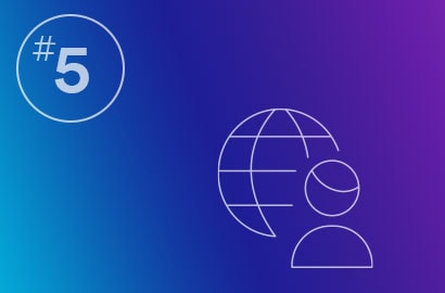 Line drawing of a person in front of a globe over a gradient background