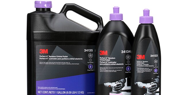Three containers of 3M™ Perfect-It™ Random Orbital Polish of different sizes and shapes.
