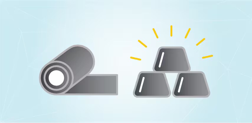 Image of a rolled metal sheet on the left & three stacked metal ingots emitting yellow rays on the right
