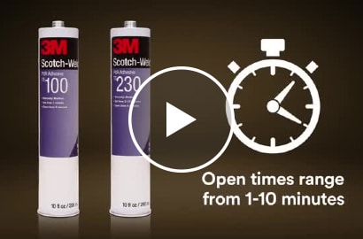Video still showing two PUR Adhesives and the caption "Open times range from 1-10 minutes"