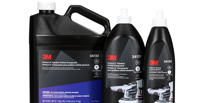 Three containers of 3M™ Perfect-It™ Random Orbital Compound of different sizes and shapes.
